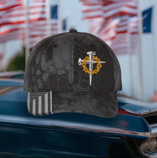 Jesus Cross with 3 Nails & Thorns Embroidered Adjustable Hat